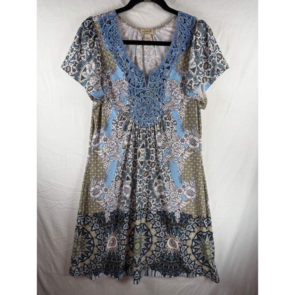 One World Women‎ Blue Floral Paisley Crochet V-Neck Shift Dress Medium